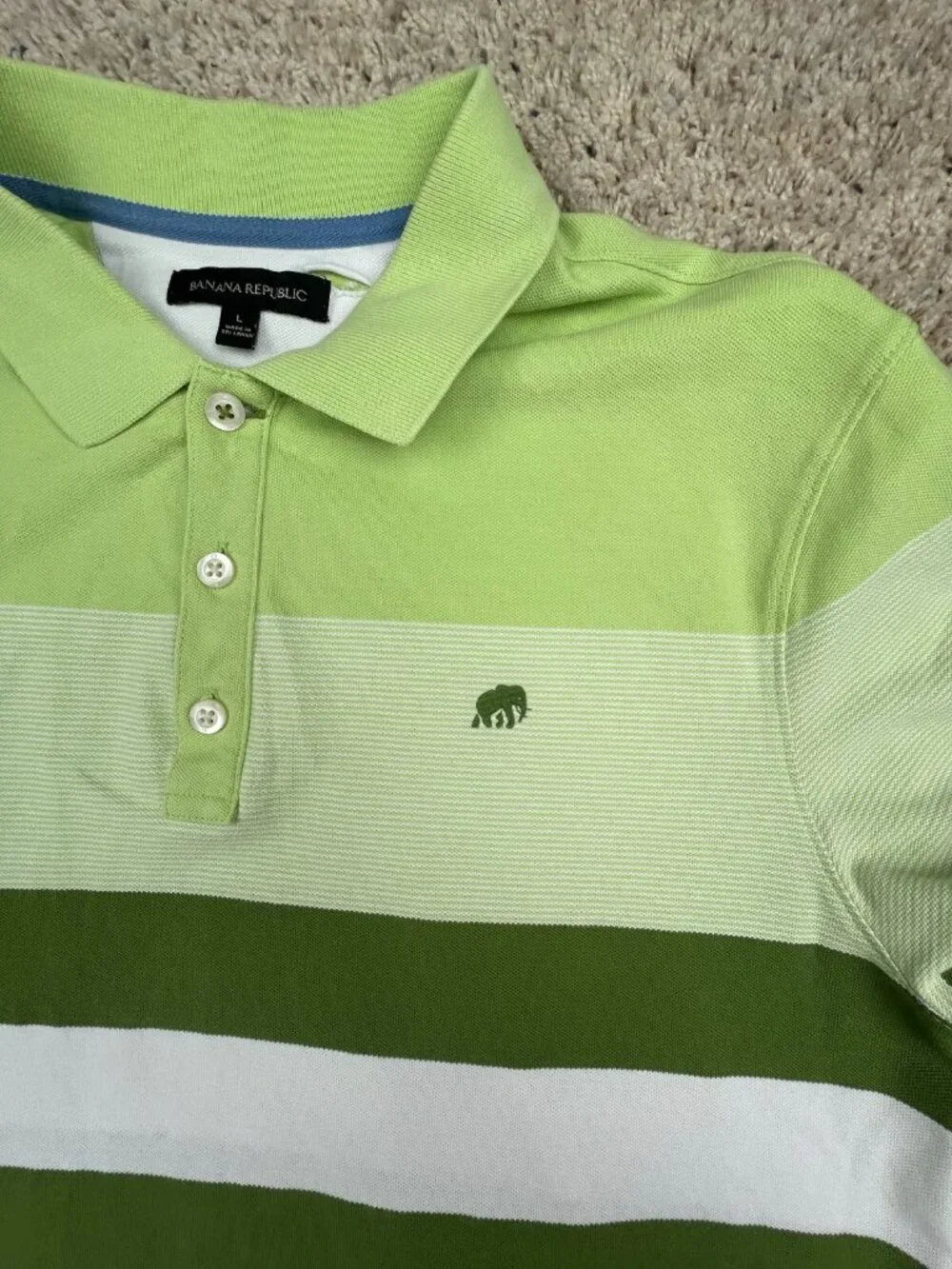 Banana Republic Polo Shirt Mens Large Green Striped Adult Casual Cotton S/S